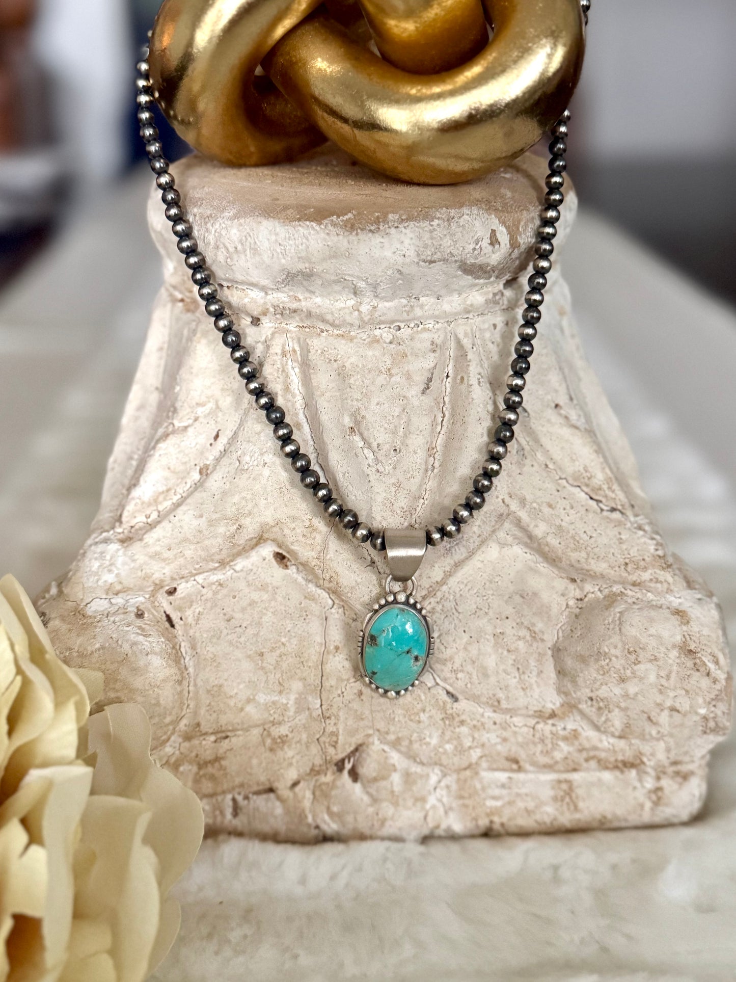 Turquoise Pendant on Navajo Pearl Necklace