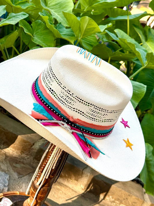 White straw hat with Retro Spurs colorful decorations. Custom San Antonio Spurs straw hat.