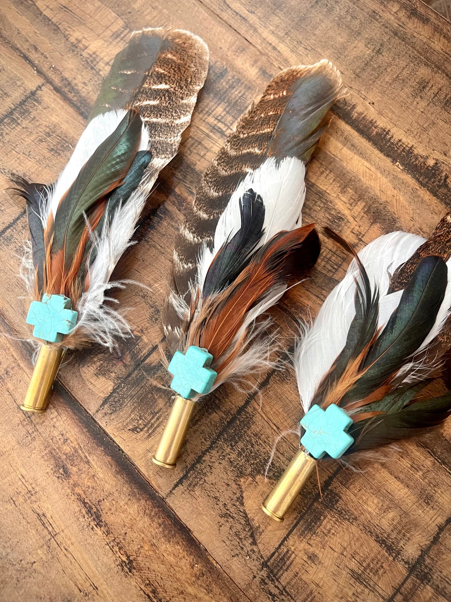 Hat Feather Clip - Brown Turkey Wing w/Turquoise Cross