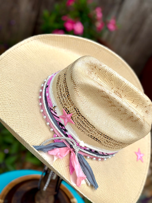 Antiqued Pink Coors Cowgirl - Truck Stop Cowgirl Straw Hat
