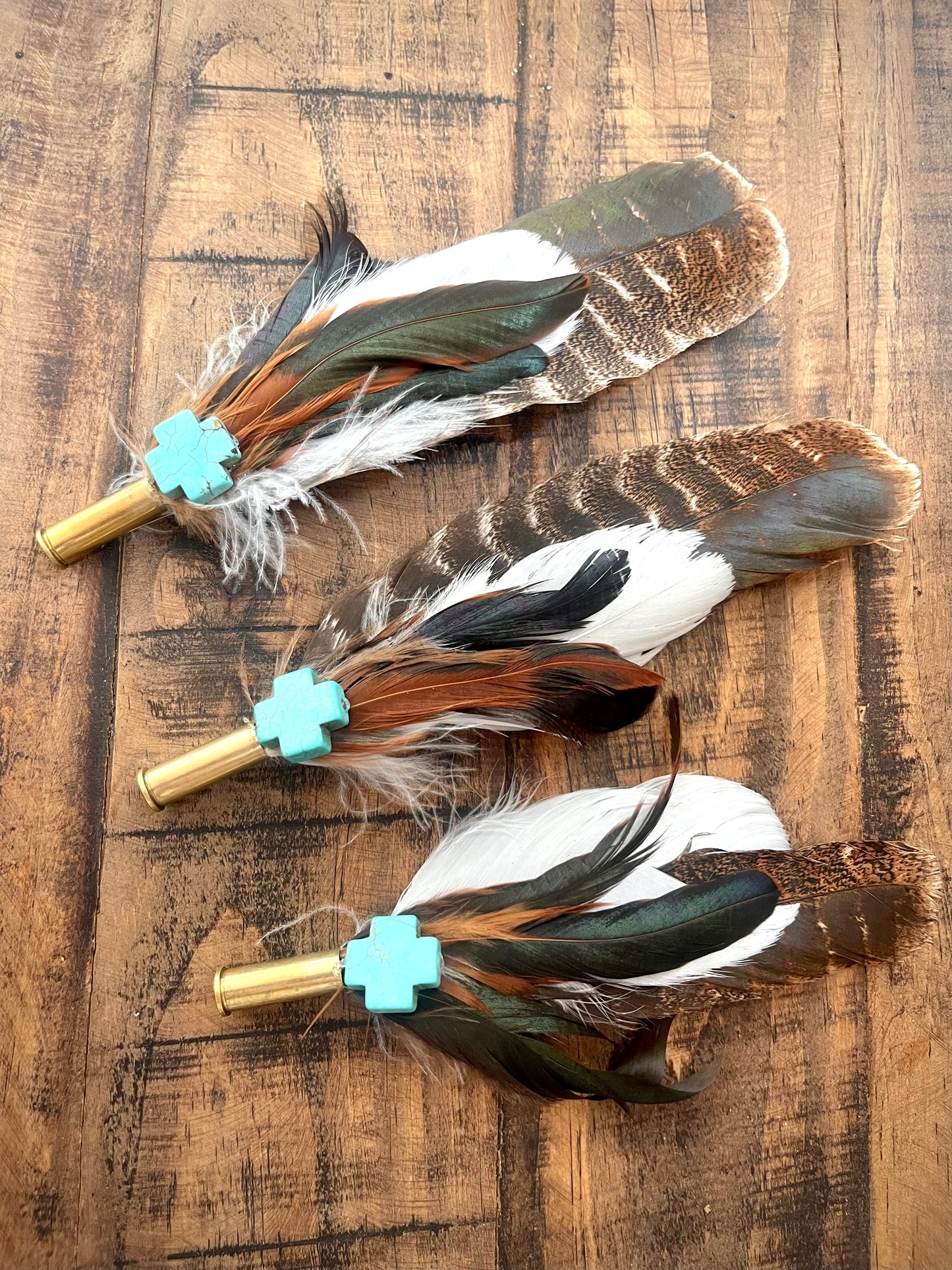 Hat Feather Clip - Brown Turkey Wing w/Turquoise Cross