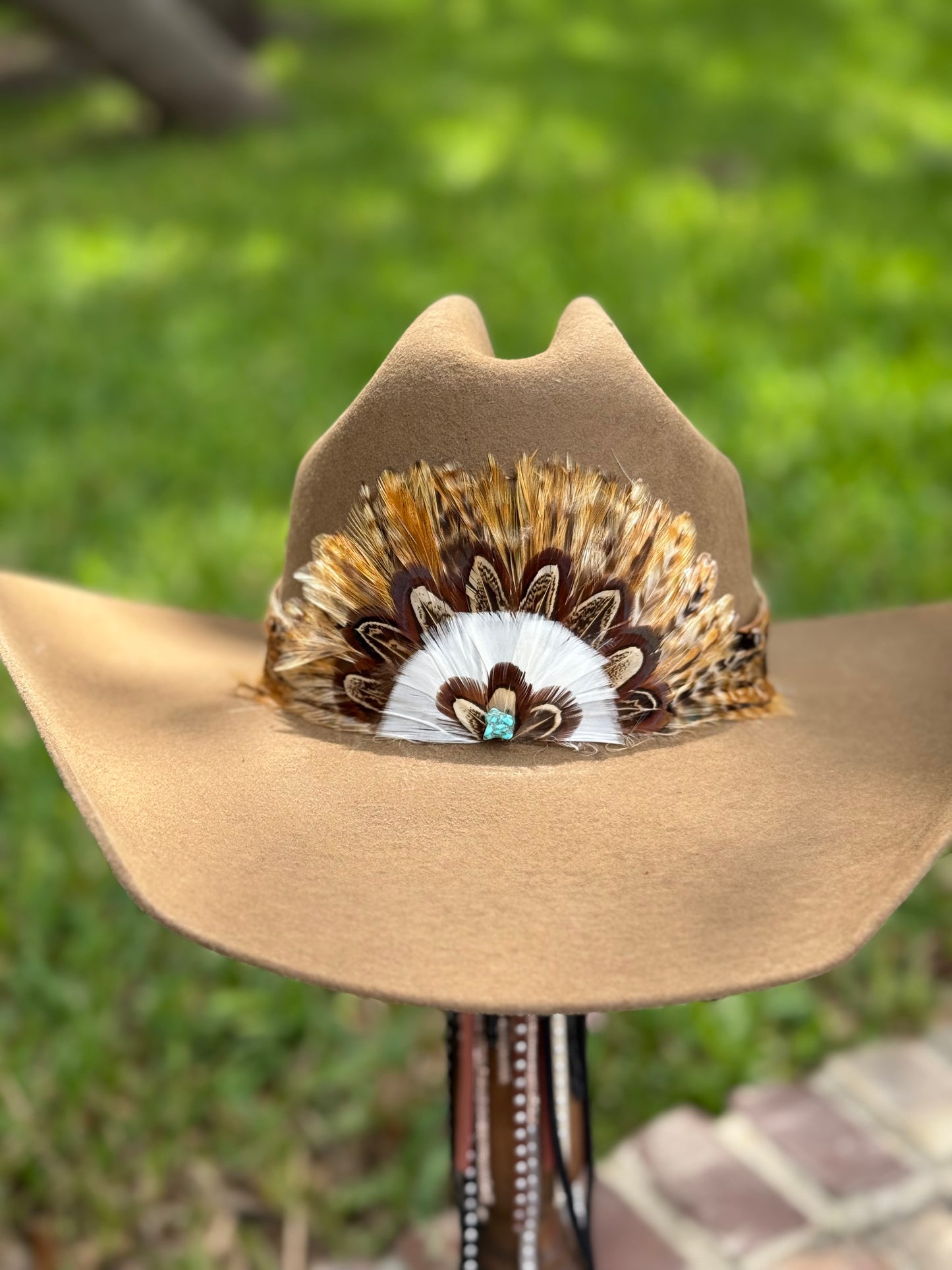 Pheasant Feather Hatband with Front Feather Fan (Light Brown)