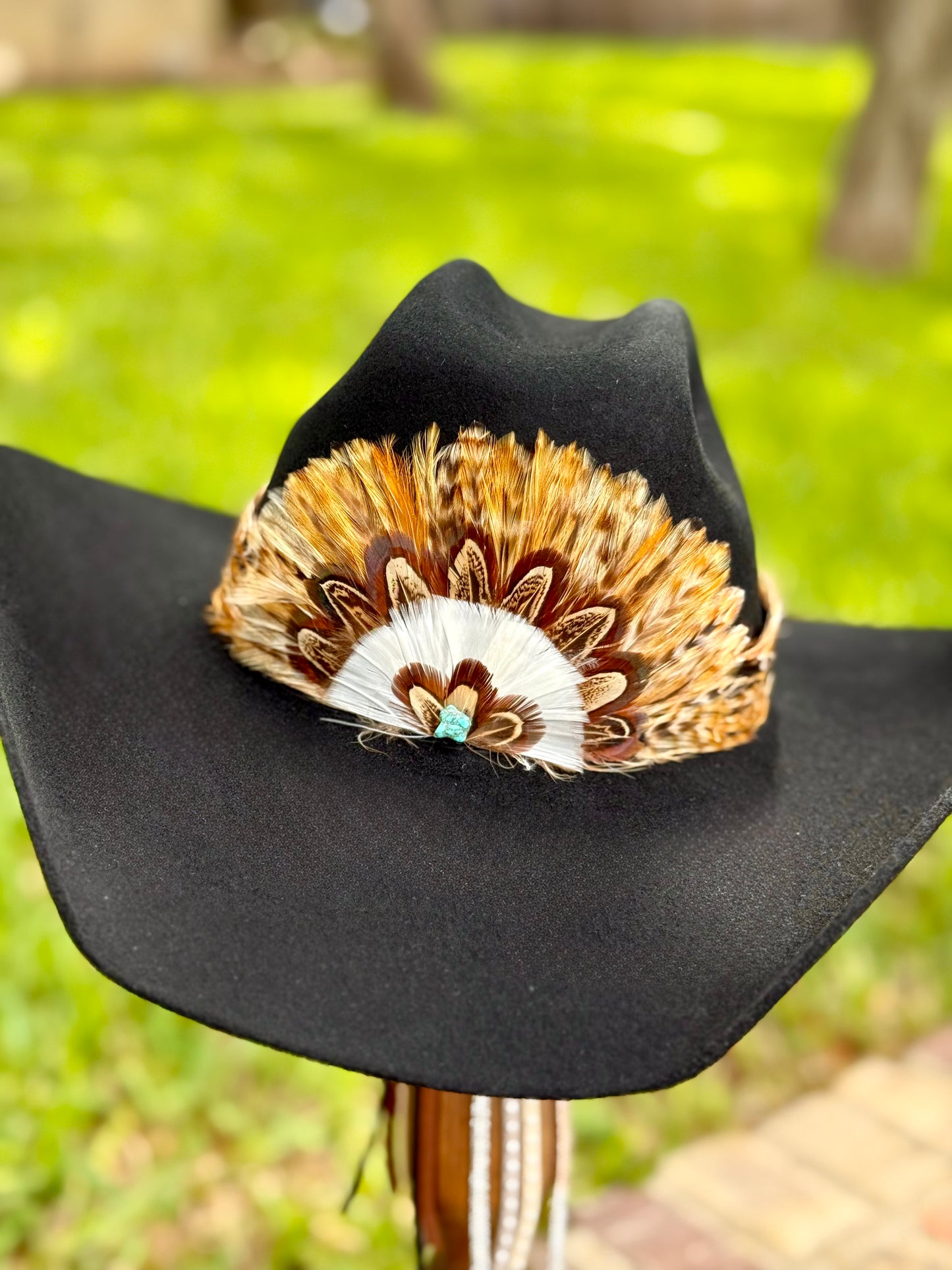 Pheasant Feather Hatband with Front Feather Fan (Light Brown)