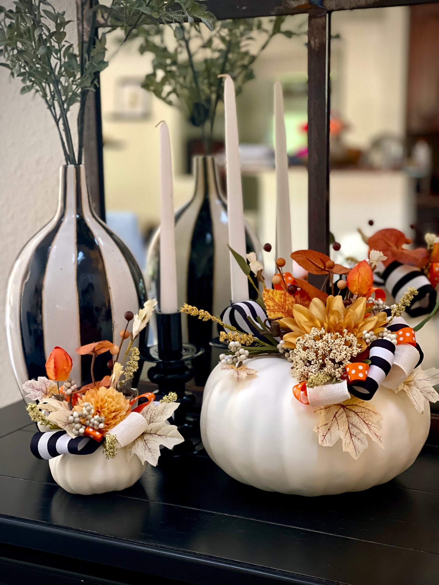 Pumpkins Set - B&W Striped Ribbon on White Pumpkin
