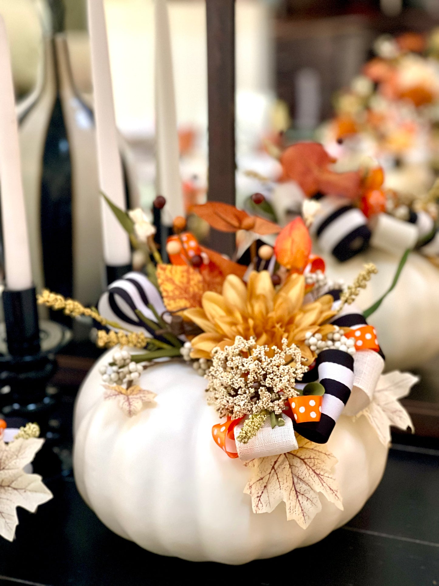 Pumpkins Set - B&W Striped Ribbon on White Pumpkin