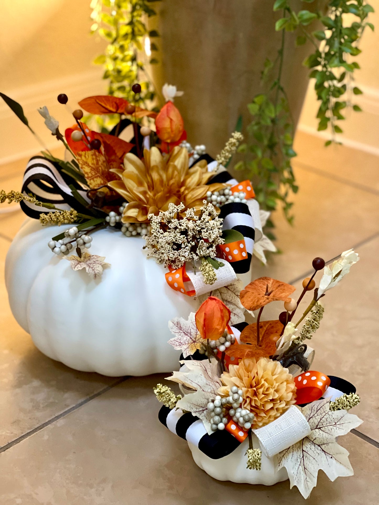 Pumpkins Set - B&W Striped Ribbon on White Pumpkin