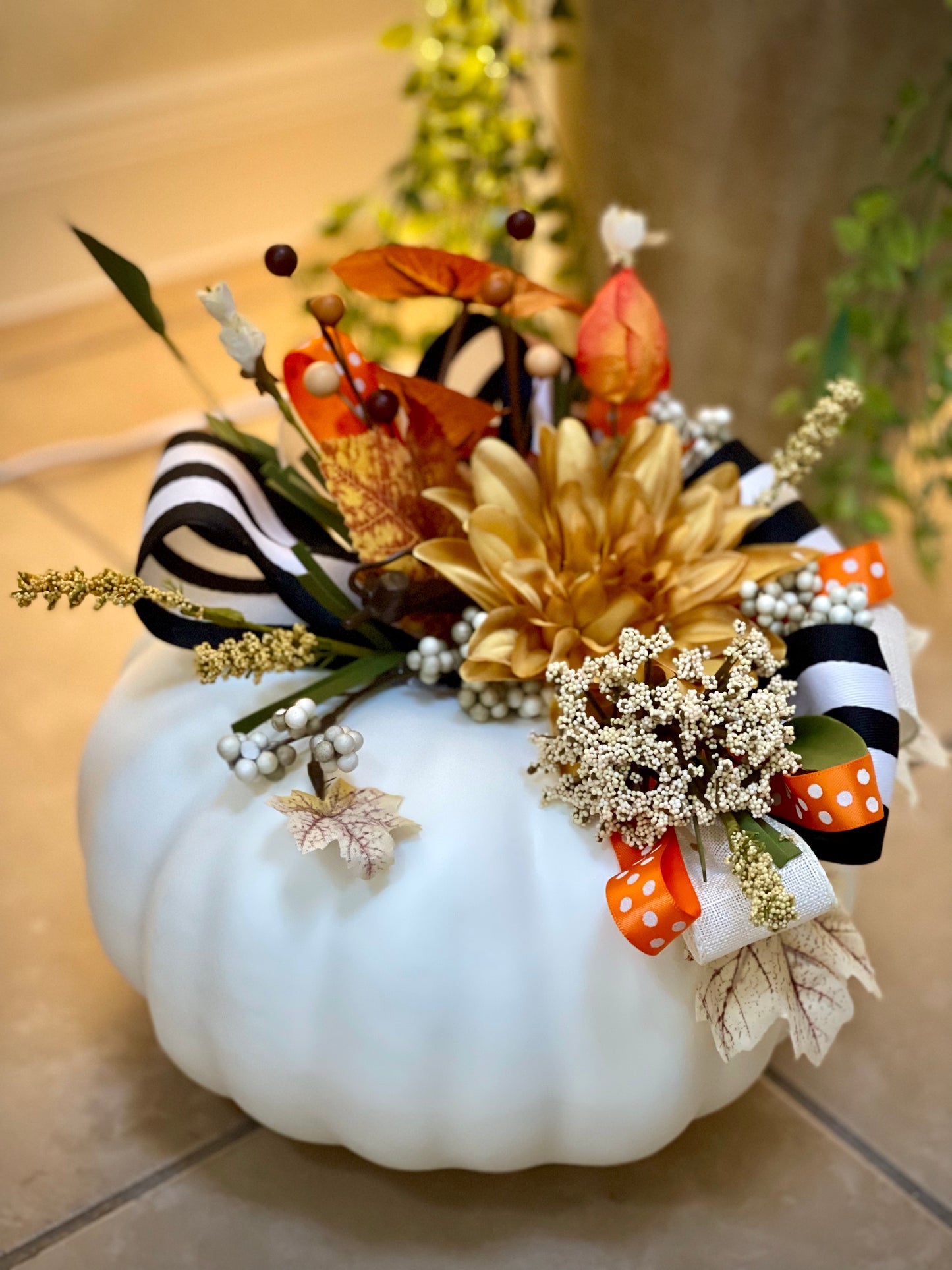 Pumpkins Set - B&W Striped Ribbon on White Pumpkin