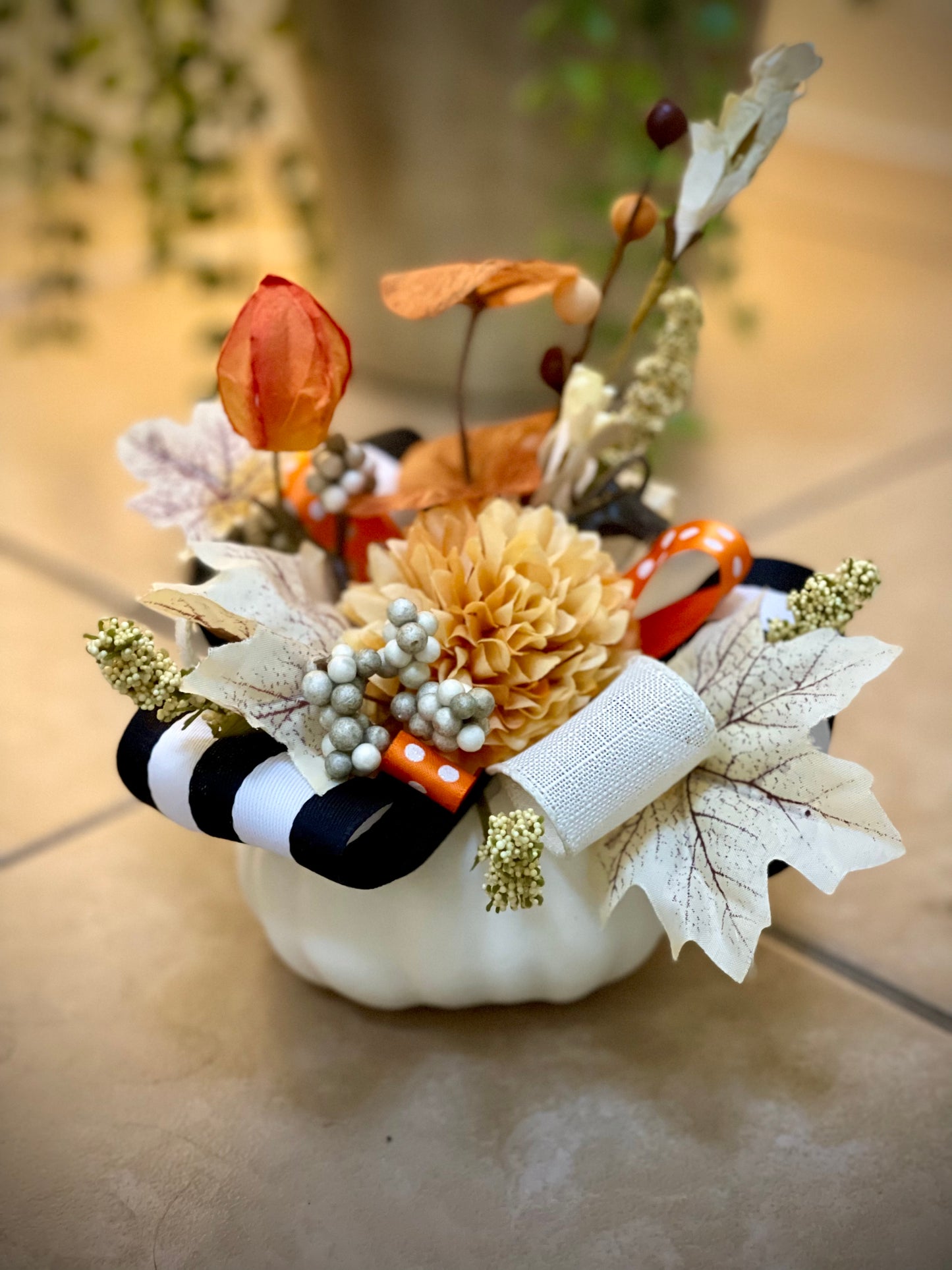 Pumpkins Set - B&W Striped Ribbon on White Pumpkin