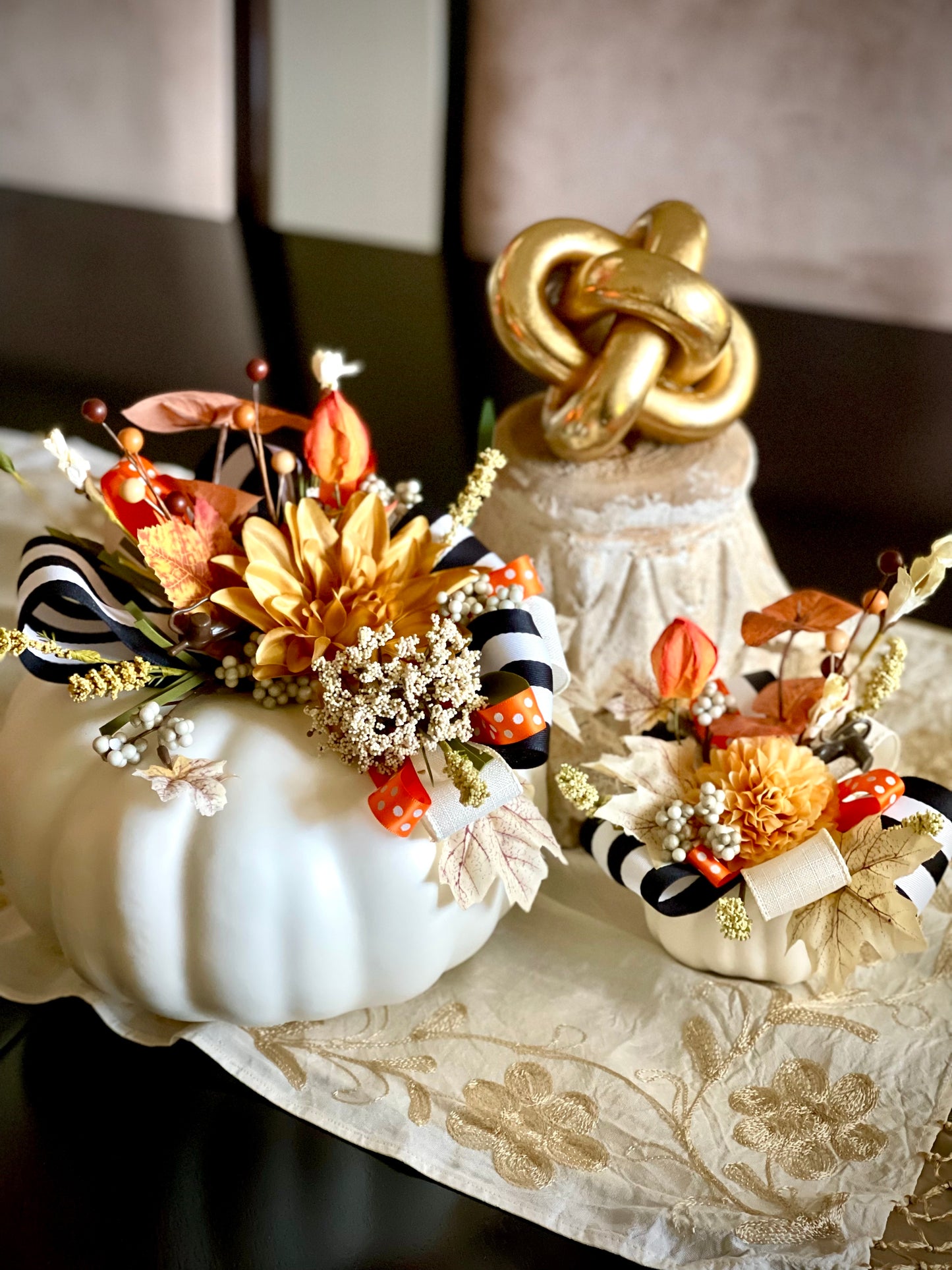 Pumpkins Set - B&W Striped Ribbon on White Pumpkin