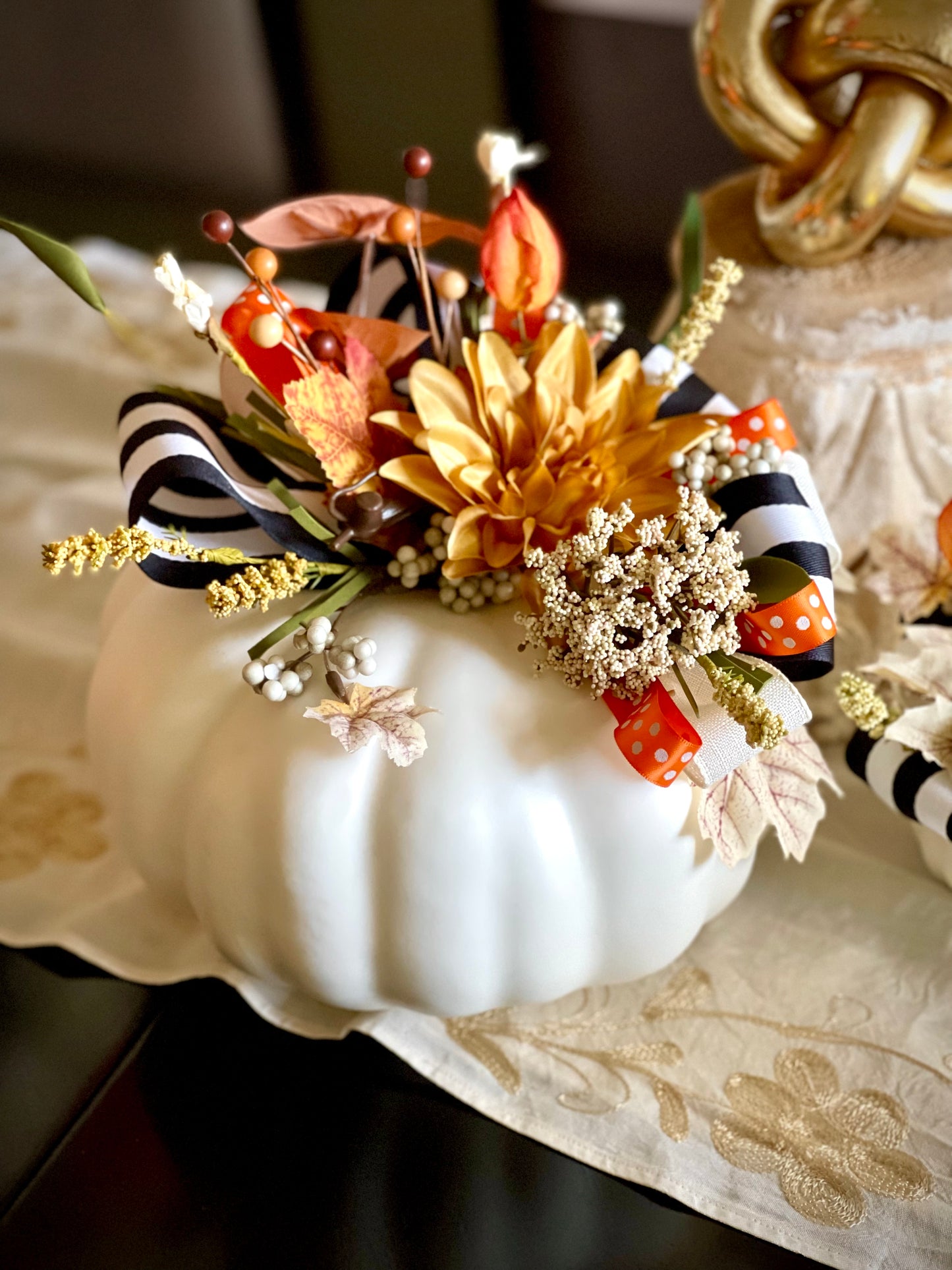 Pumpkins Set - B&W Striped Ribbon on White Pumpkin