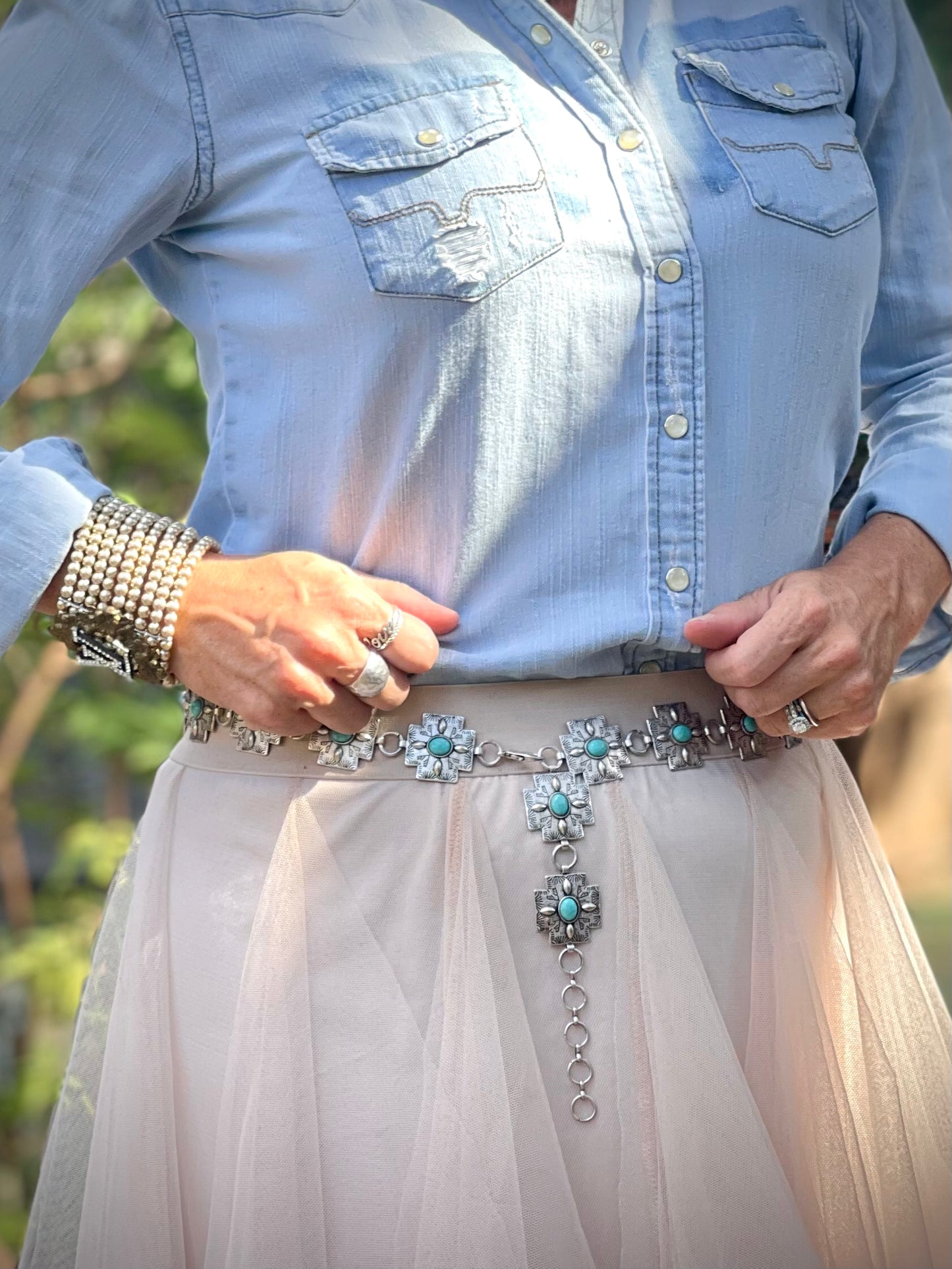 Cross Concho Belt w/ Turquoise Center