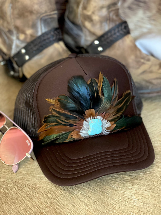 Trucker hat - Brown Hat with Tan Feather