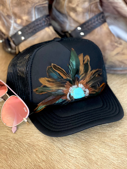 Trucker hat - Black Hat with Tan Feather