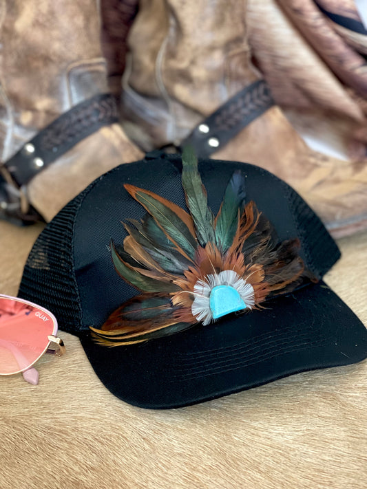 Twill Trucker Hat - Black Hat with Tan Feather