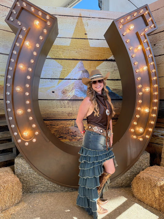 The Stagecoach Tiered Denim Hi-Lo Maxi Skirt - Exclusive to Chestnut Cowgirl