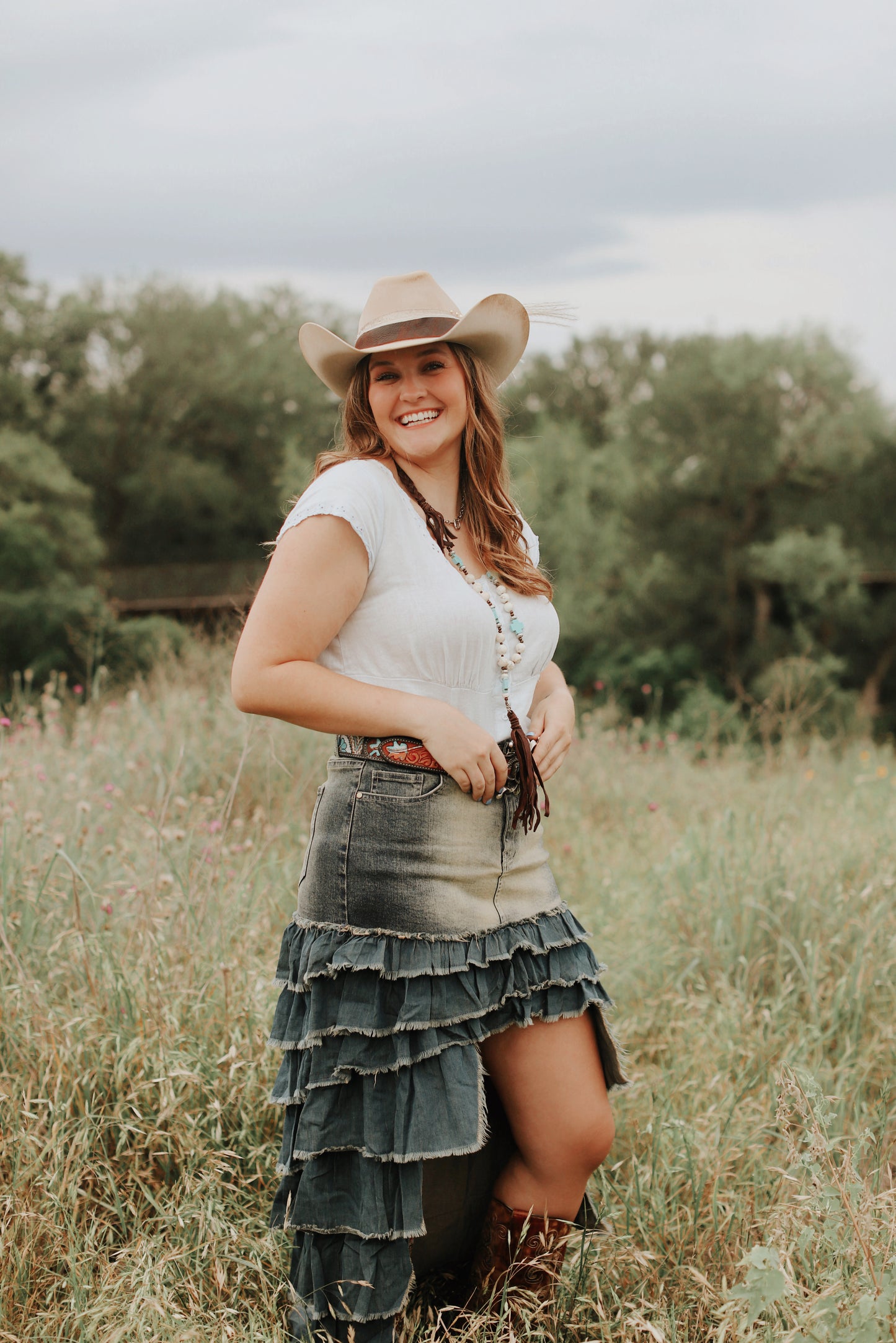 The Stagecoach Tiered Denim Hi-Lo Maxi Skirt - Exclusive to Chestnut Cowgirl