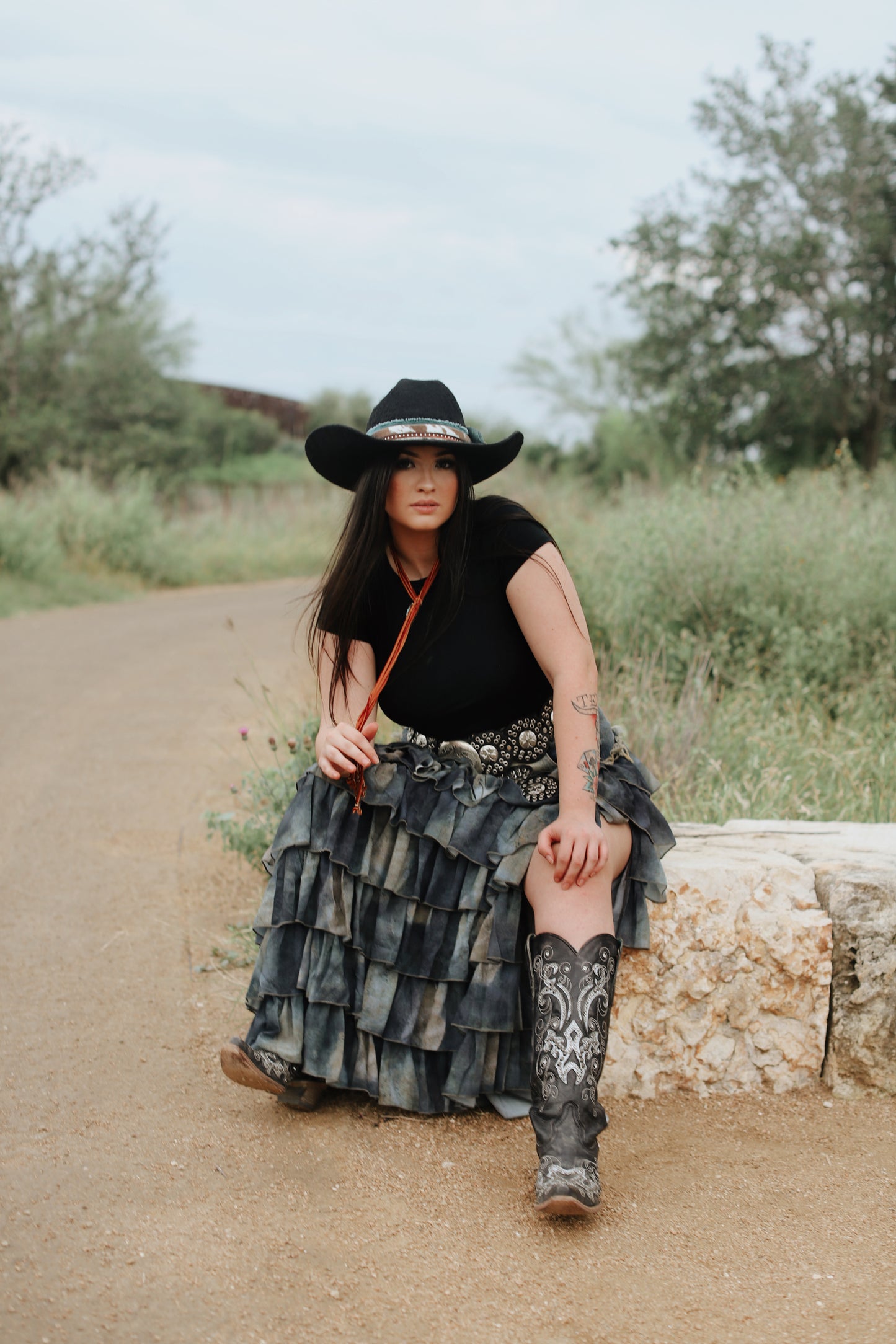 Whiskey Down Tiered Denim Maxi Skirt - Exclusive to Chestnut Cowgirl