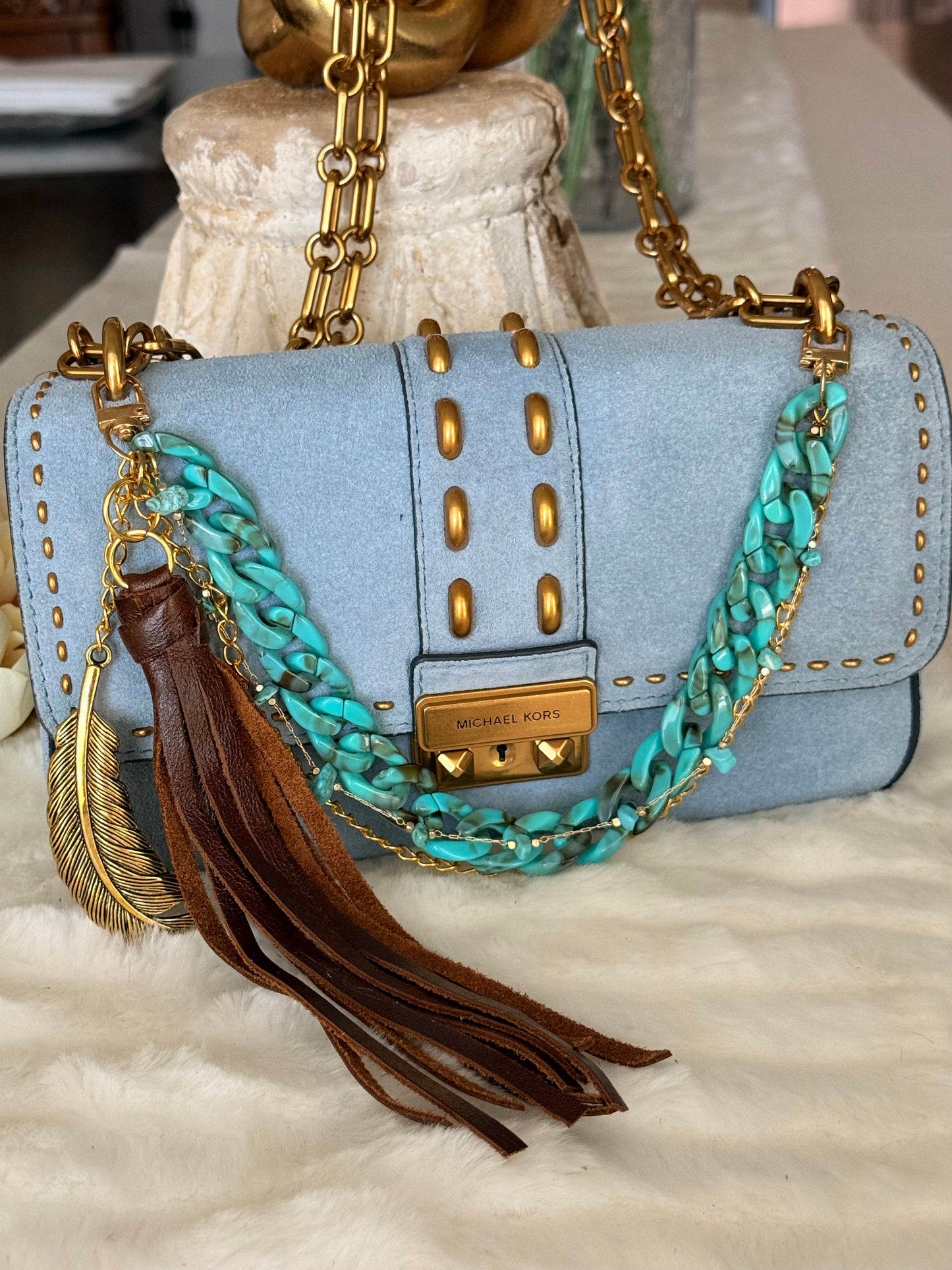 Turquoise Chain & Gold Tone Purse Charm