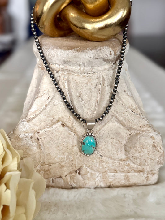 Turquoise Pendant on Navajo Pearl Necklace