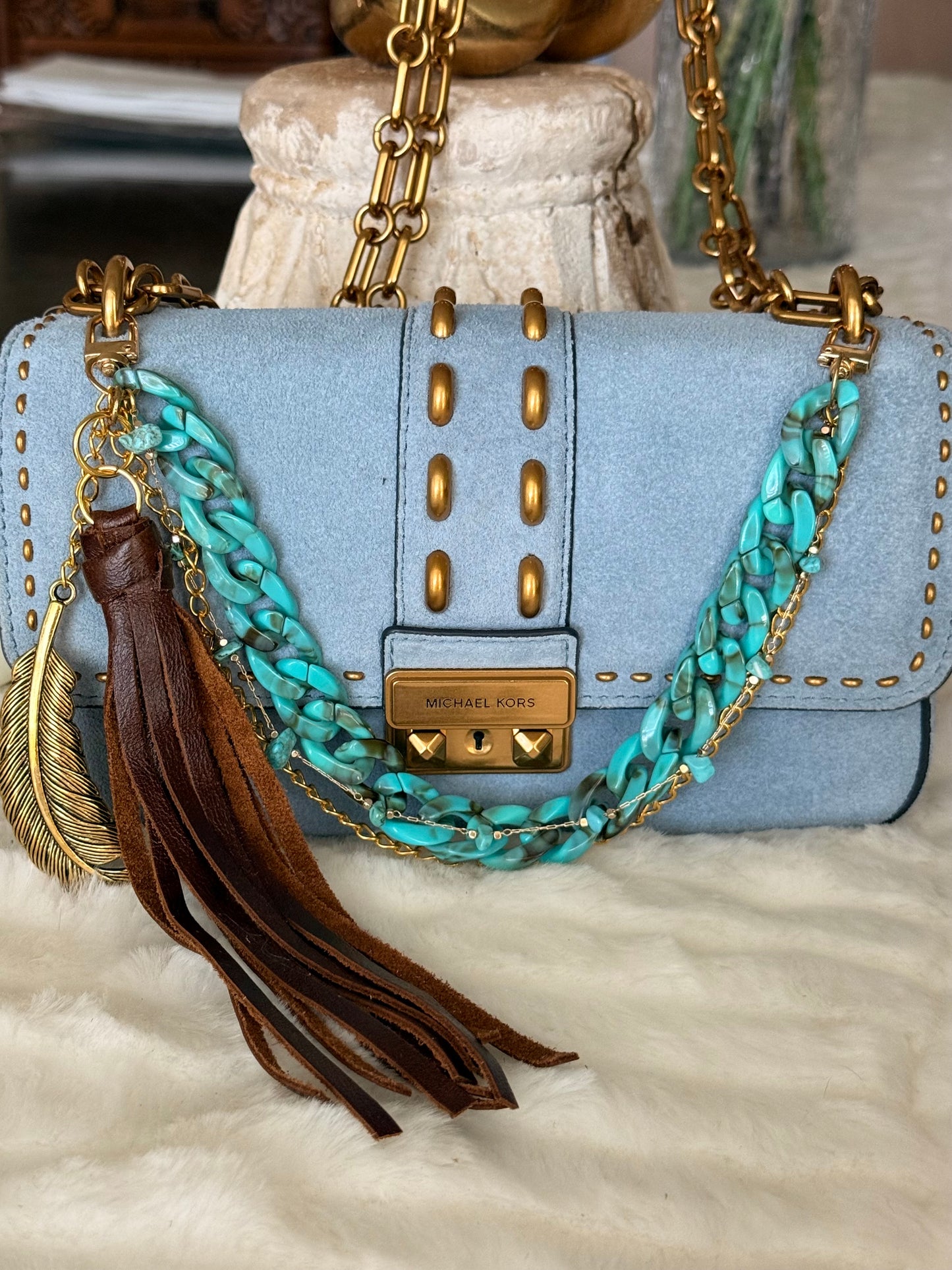 Turquoise Chain & Gold Tone Purse Charm