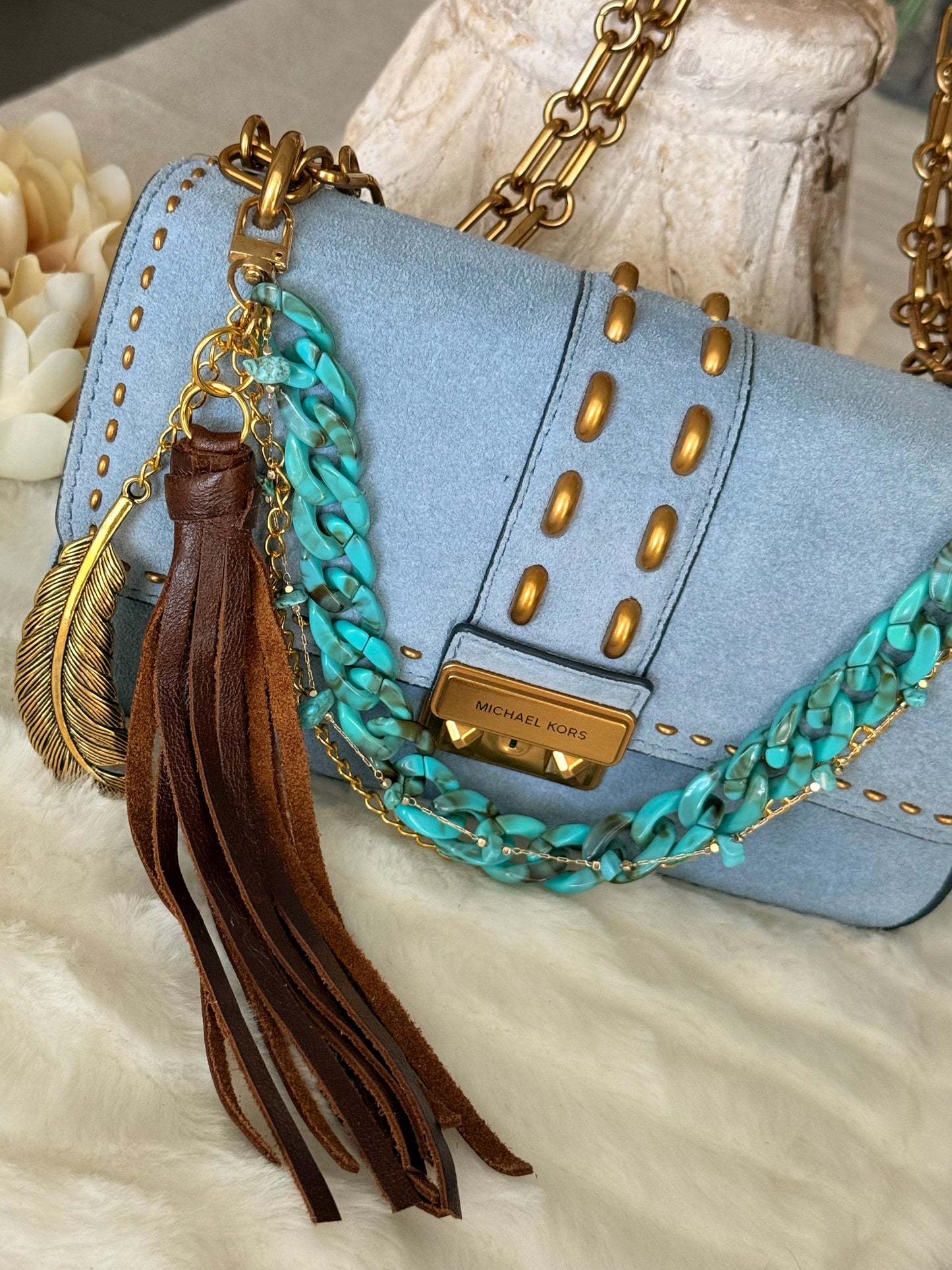 Turquoise Chain & Gold Tone Purse Charm