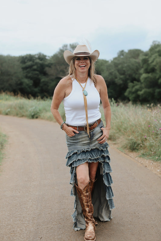 The Stagecoach Tiered Denim Hi-Lo Maxi Skirt - Exclusive to Chestnut Cowgirl