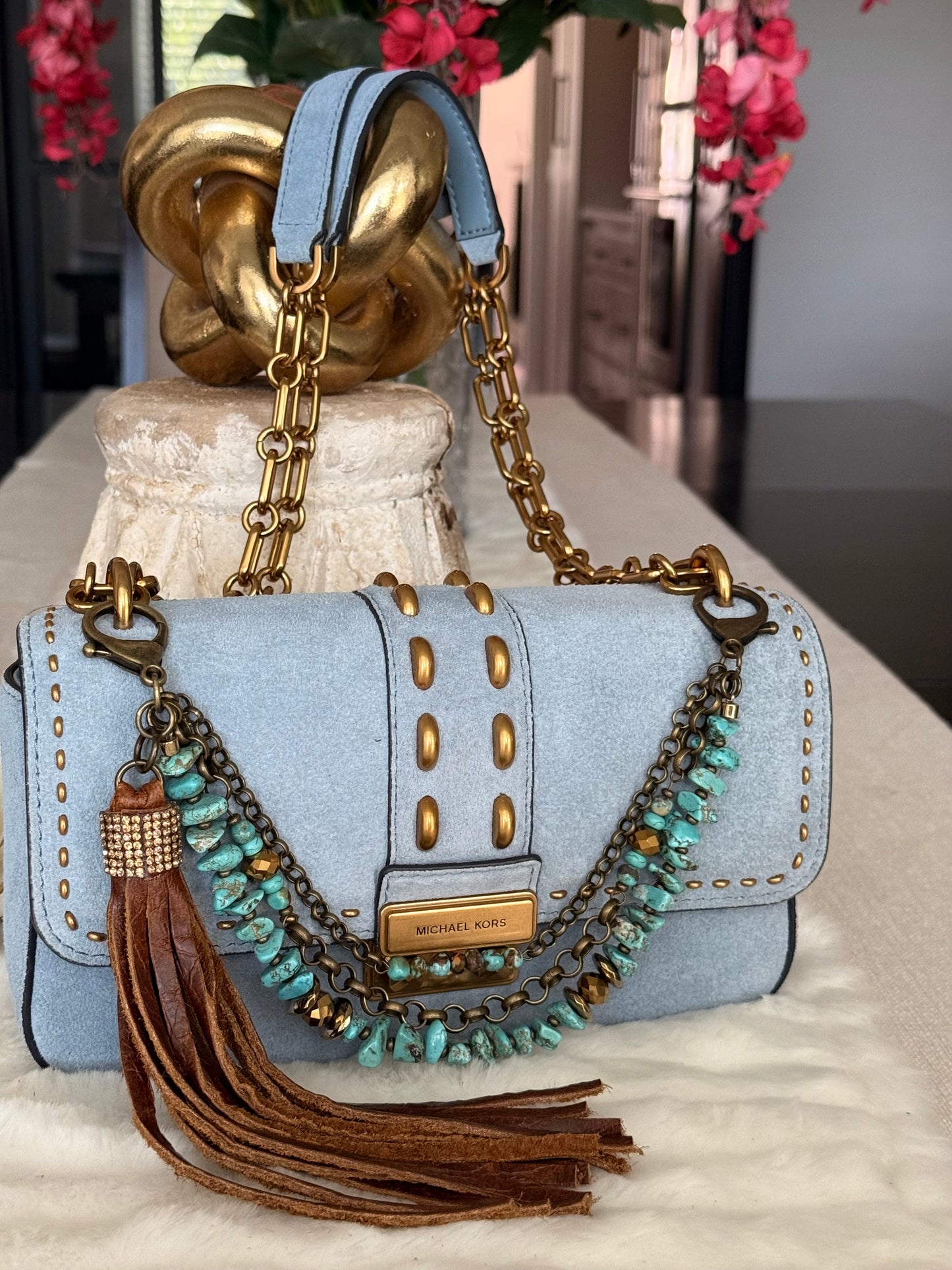 Turquoise & Gold Tone Purse Charm