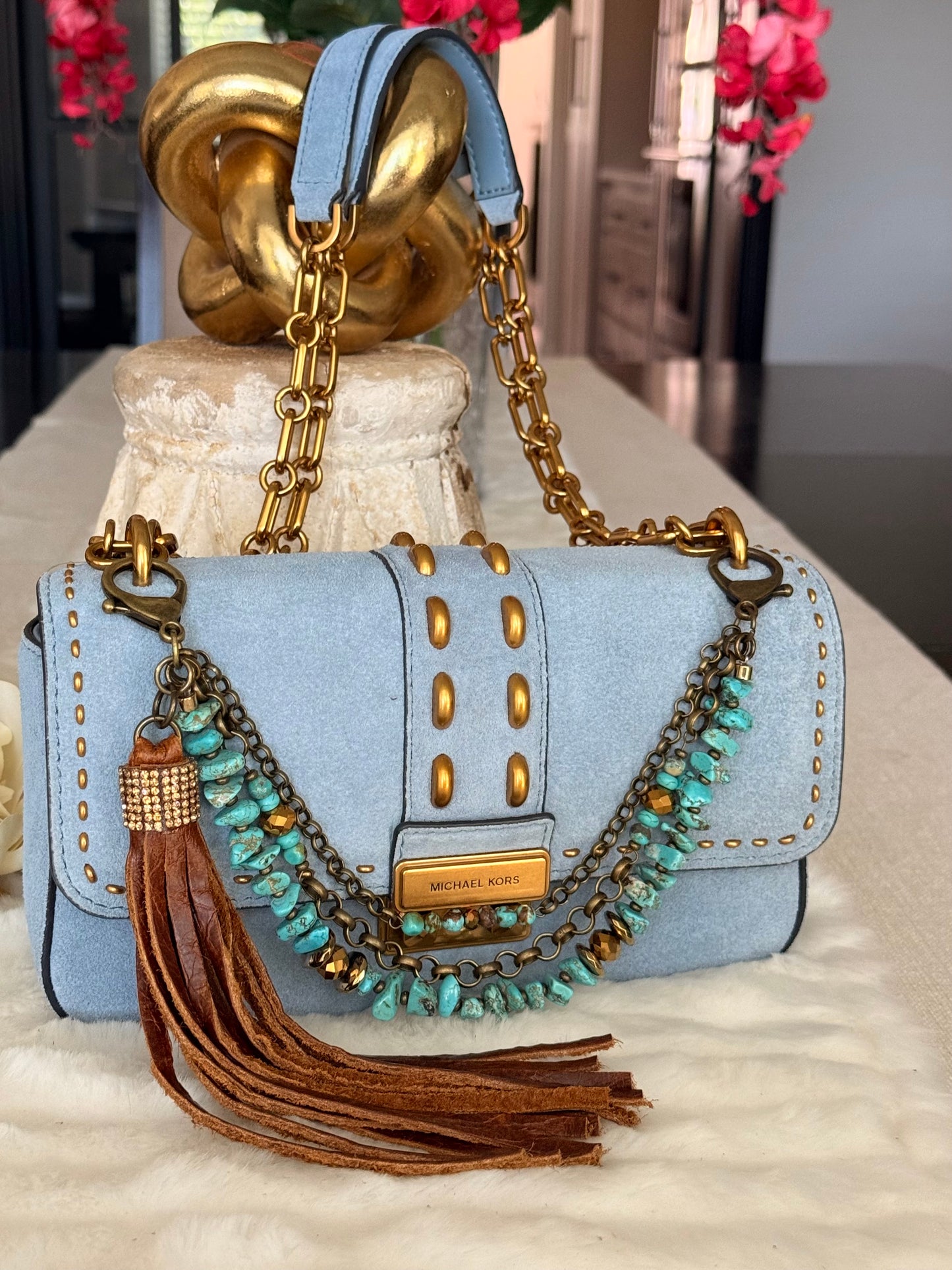 Turquoise & Gold Tone Purse Charm