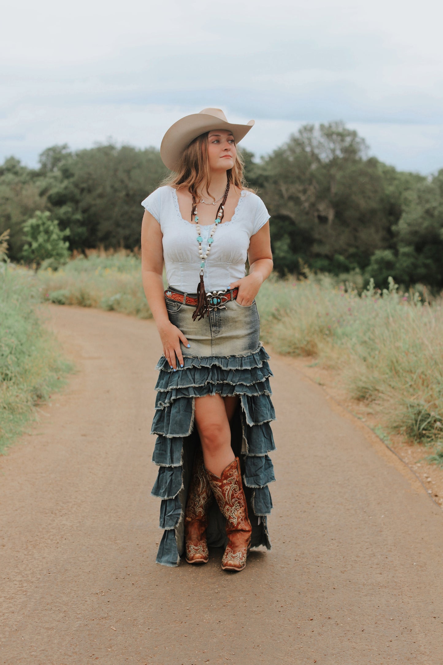 The Stagecoach Tiered Denim Hi-Lo Maxi Skirt - Exclusive to Chestnut Cowgirl