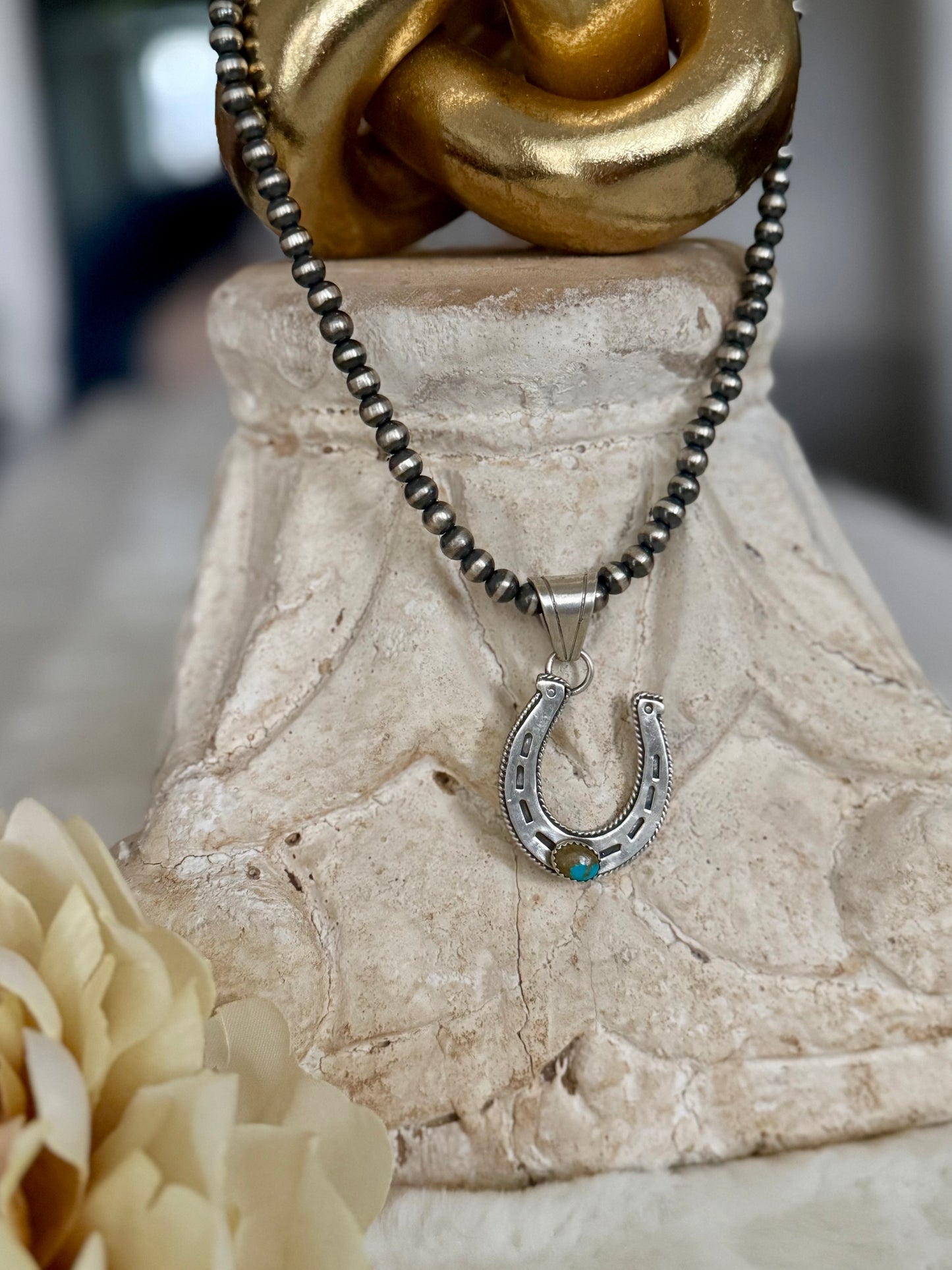 Horseshoe Pendant on Navajo Pearl Necklace