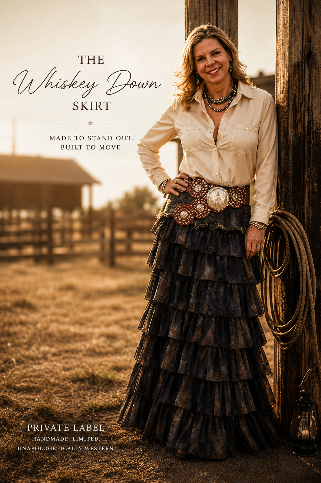 Whiskey Down Tiered Denim Maxi Skirt - Exclusive to Chestnut Cowgirl