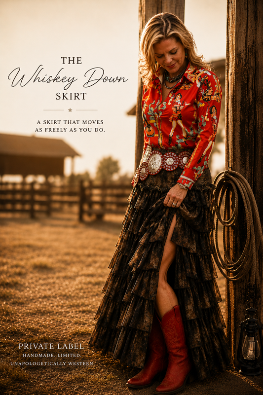 Whiskey Down Tiered Denim Maxi Skirt - Exclusive to Chestnut Cowgirl