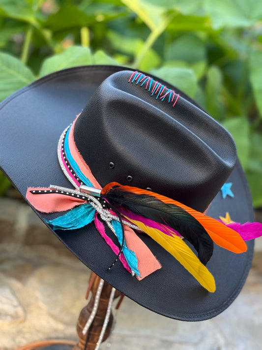 Black straw cowboy hat with San Antonio Spurs retro colorful  decorations and feathers