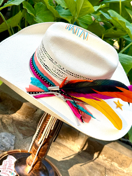 White straw hat with Retro Spurs colorful decorations. Custom San Antonio Spurs straw hat with removable feather clip.
