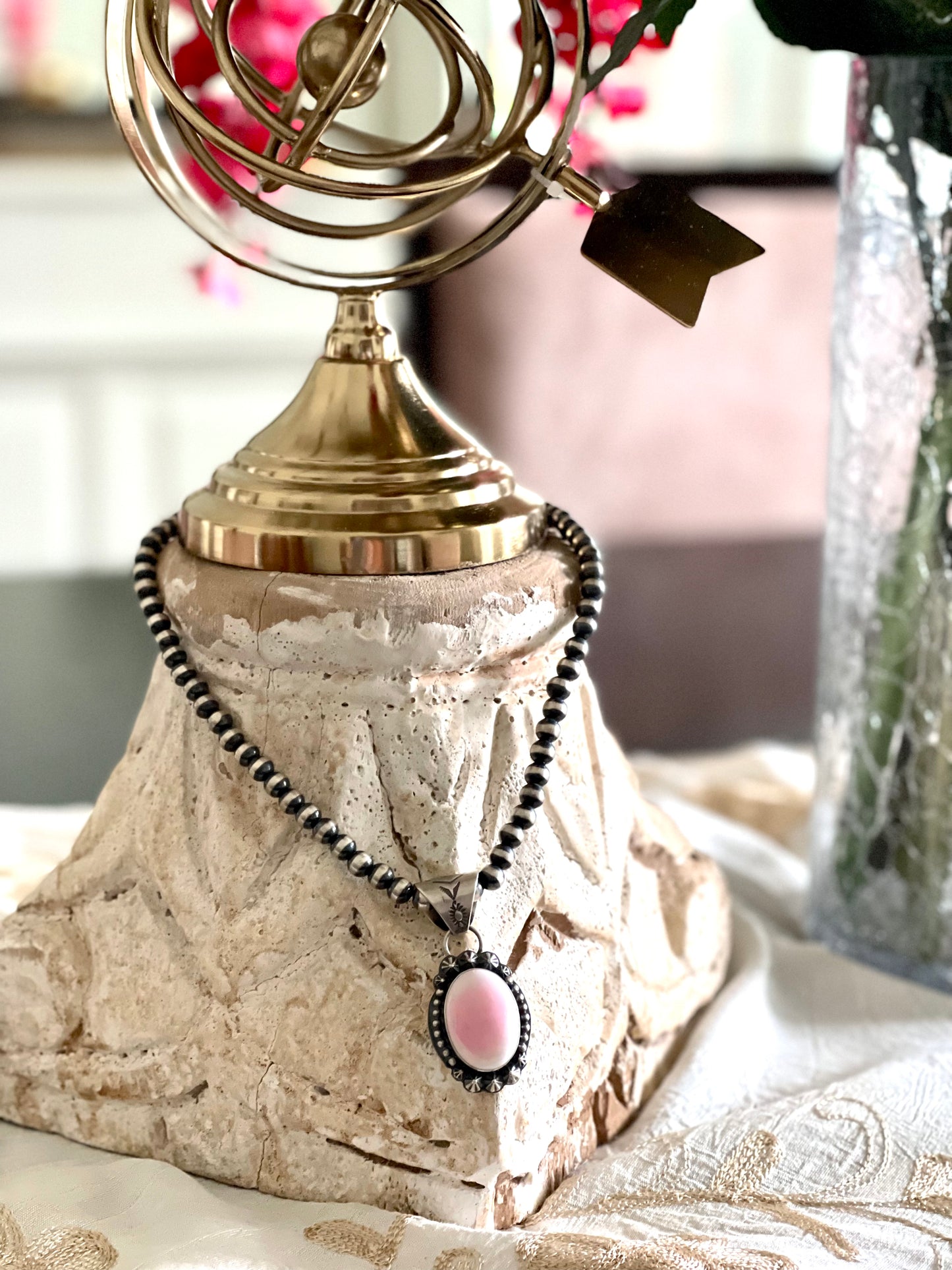 Pink-Conch Pendant on Navajo Pearls