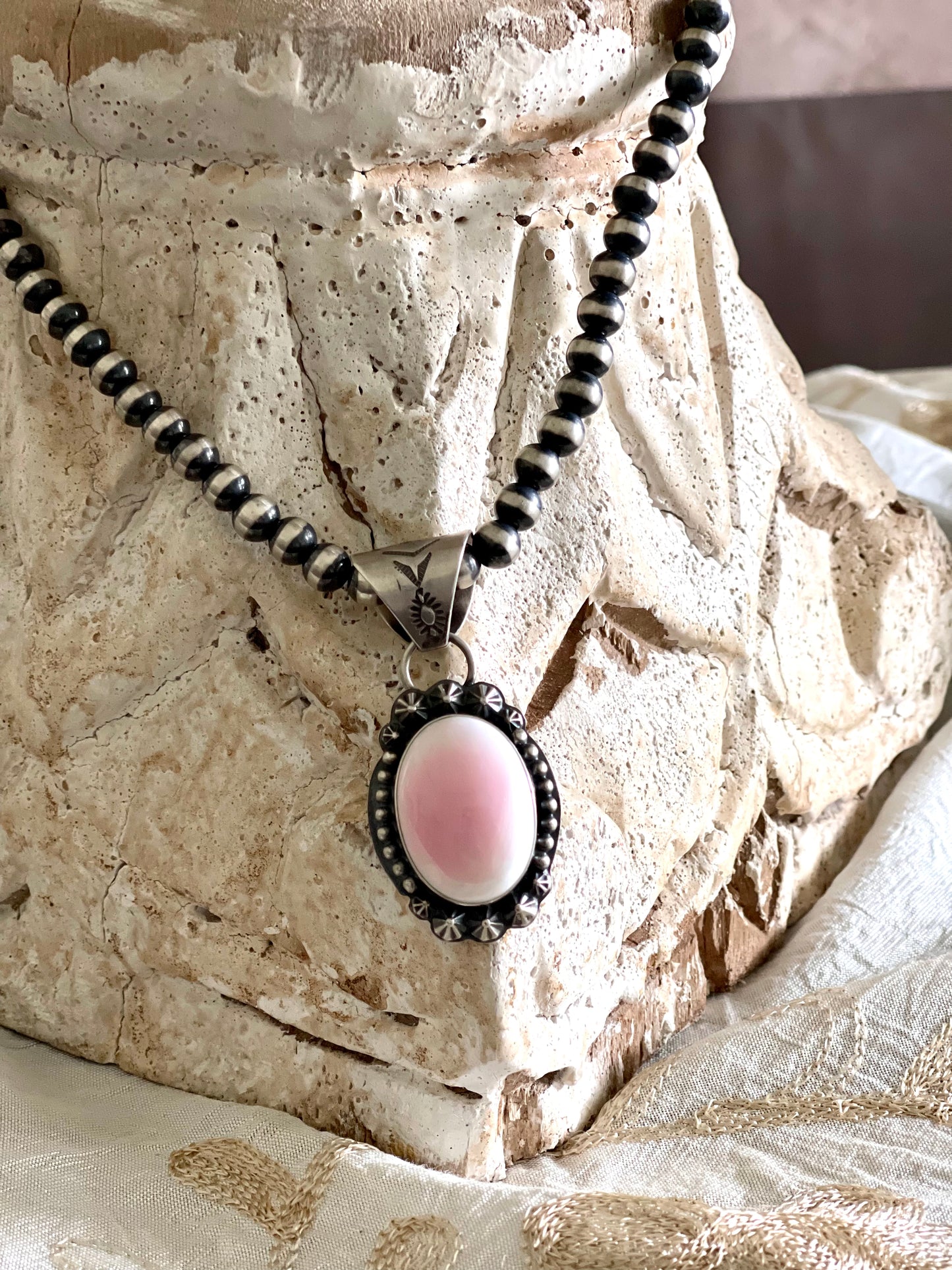 Pink-Conch Pendant on Navajo Pearls