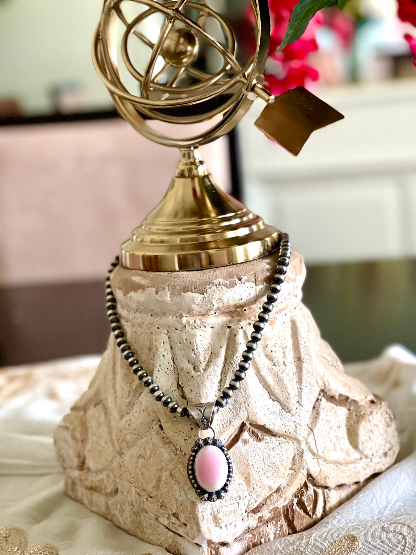 Pink-Conch Pendant on Navajo Pearls