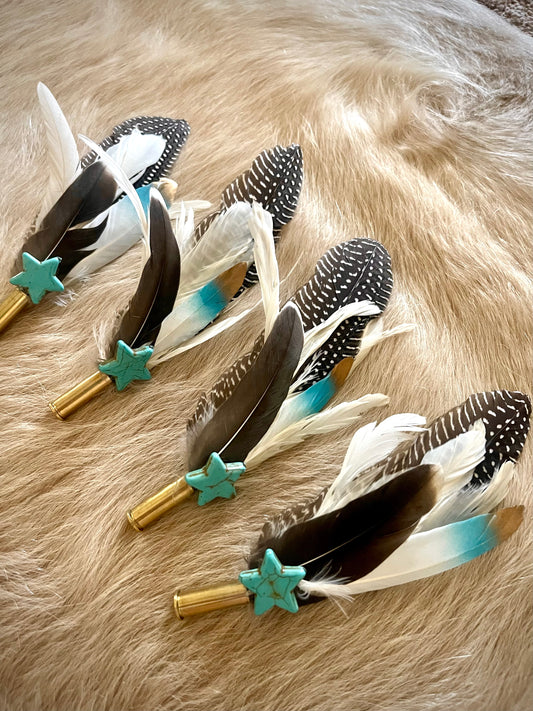 Hat Feather Clip - Guinea Feather w/ Turquoise Star