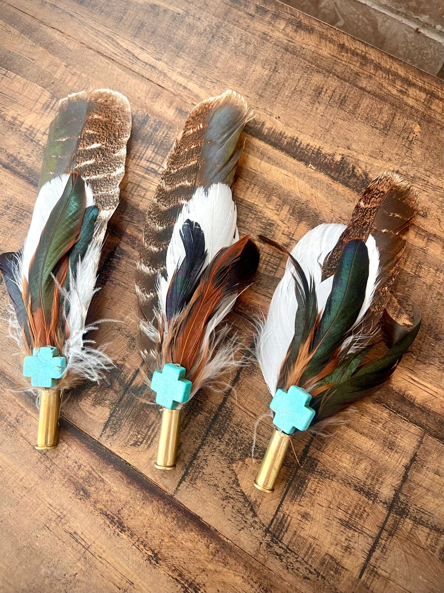 Hat Feather Clip - Brown Turkey Wing w/Turquoise Cross