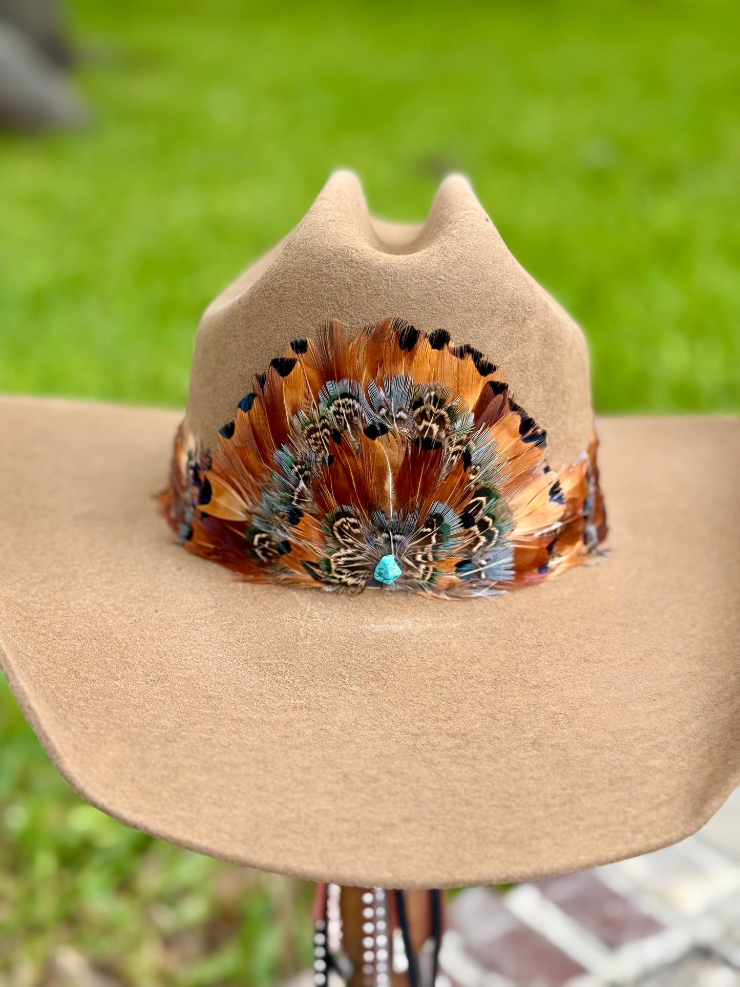Pheasant Feather Hatband with Front Feather Fan (Dark Brown)
