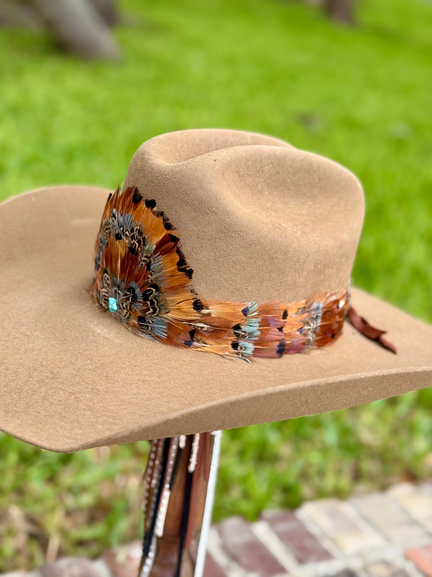 Pheasant Feather Hatband with Front Feather Fan (Dark Brown)
