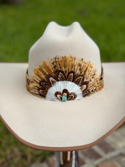 Pheasant Feather Hatband with Front Feather Fan (Light Brown)