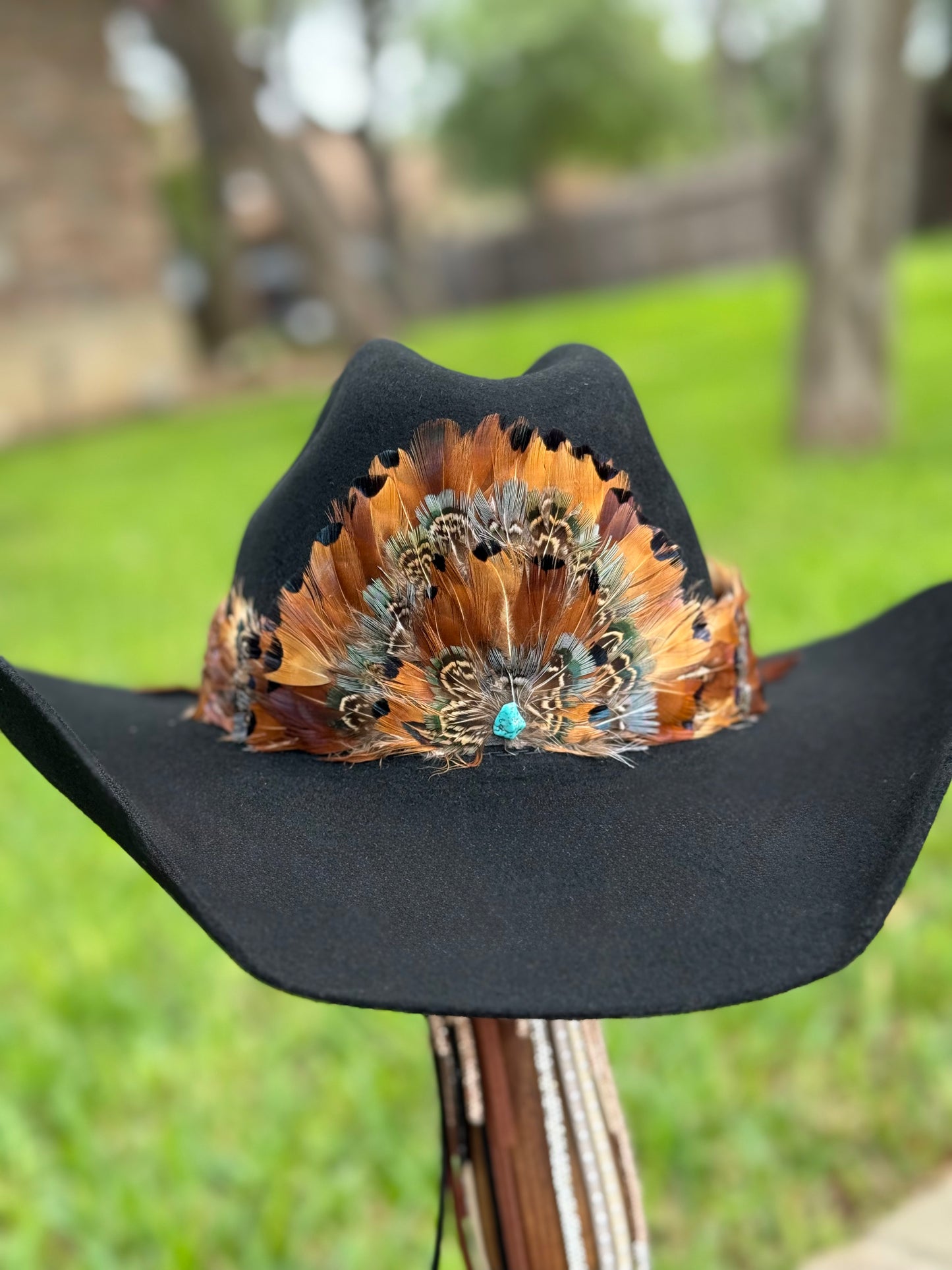 Pheasant Feather Hatband with Front Feather Fan (Dark Brown)