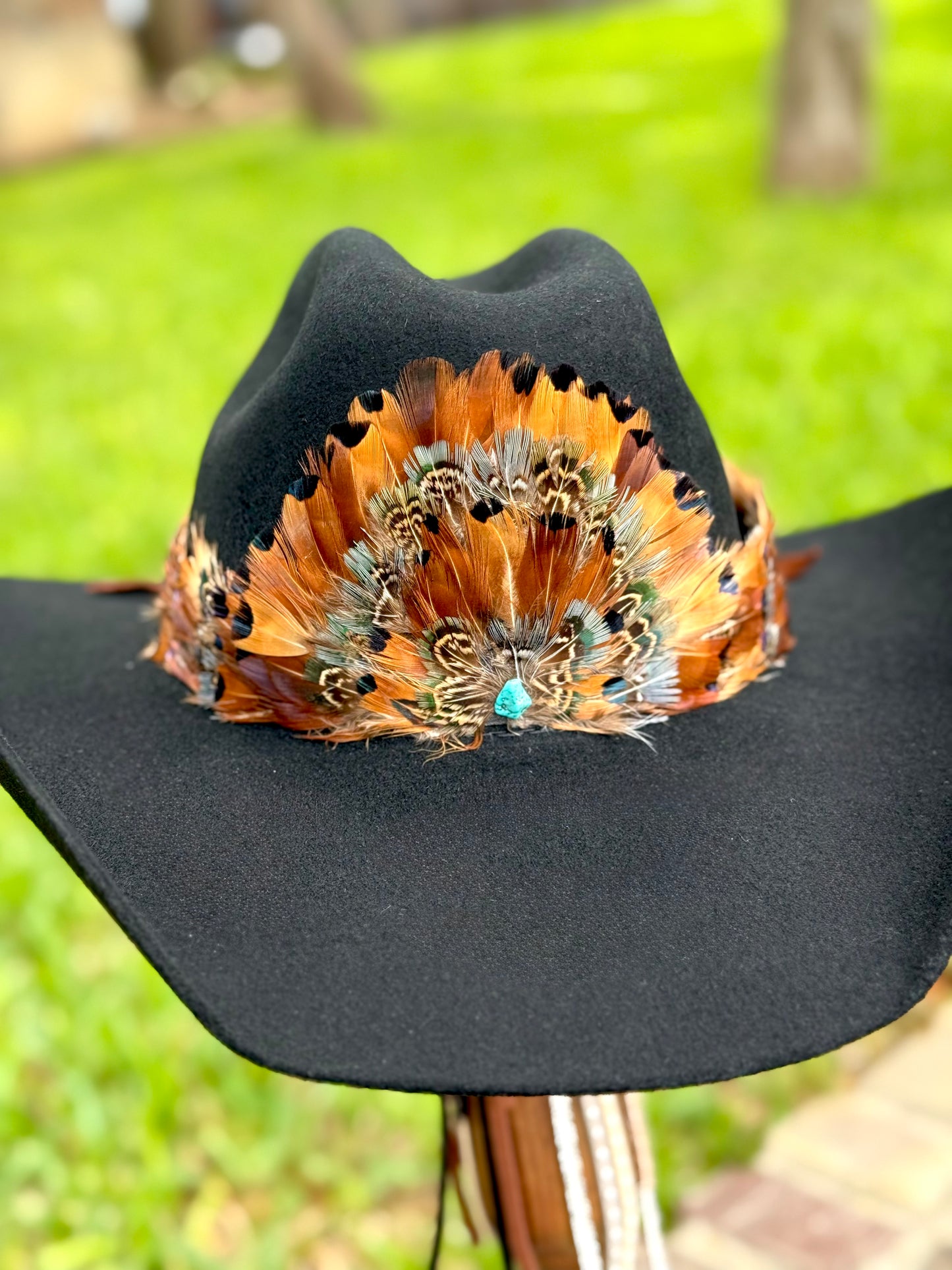 Pheasant Feather Hatband with Front Feather Fan (Dark Brown)