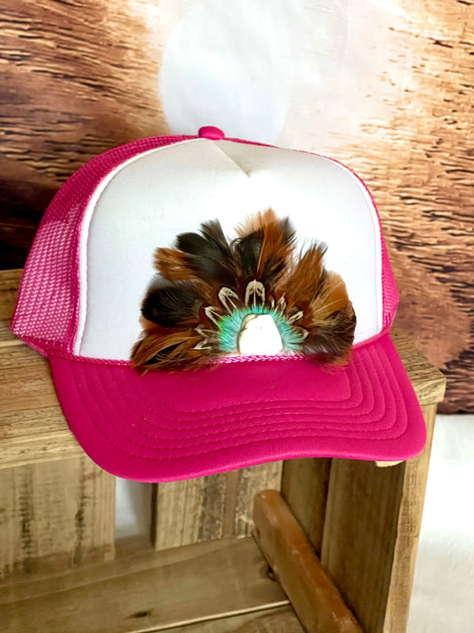 Trucker hat - Hot Pink Hat with Feather Fan