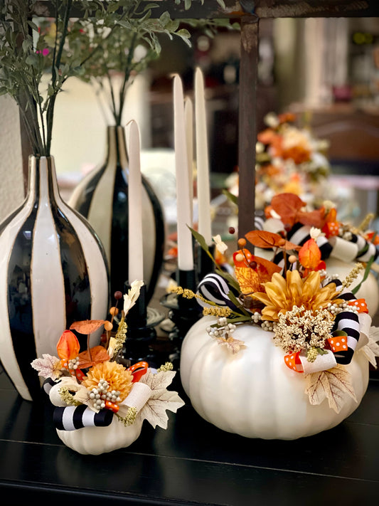 Pumpkins Set - B&W Striped Ribbon on White Pumpkin