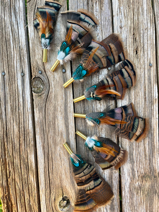 Hat Feather Clip - Short Brown Turkey w/Turquoise