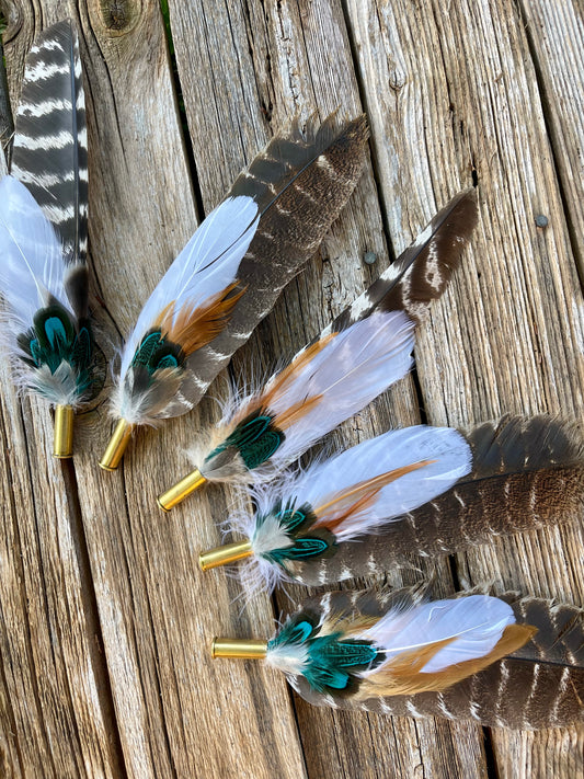 Hat Feather Clip - Turkey Wing w/White & Turquoise