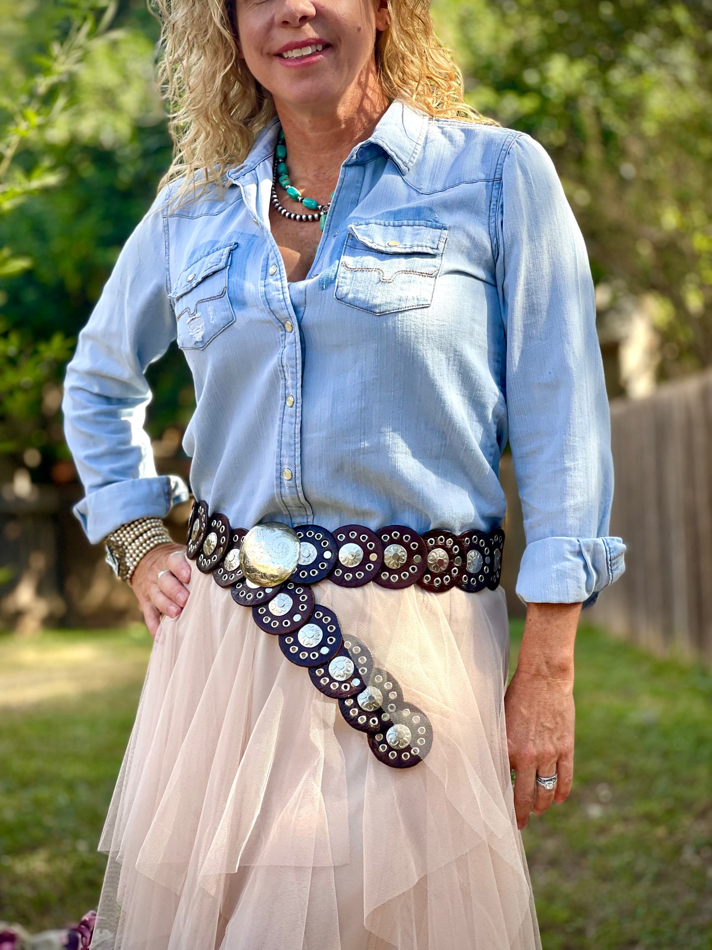 Round Leather Concho Belt - Black/Brown