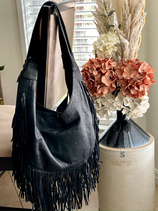 Double-Strap Black Leather Fringe Shoulder Bag